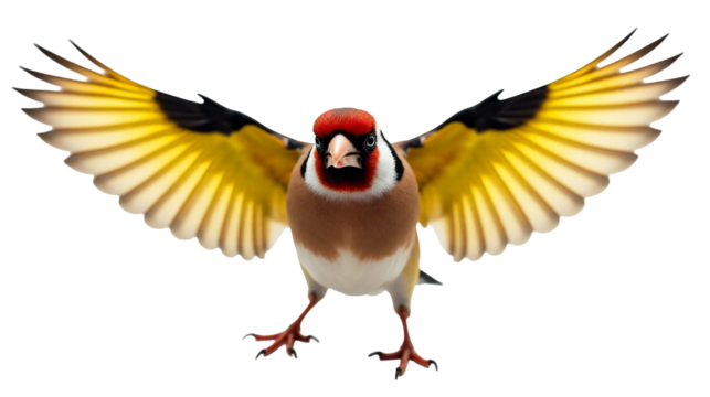 European goldfinch with vibrant colors in mid-flight displaying wings in striking V shape