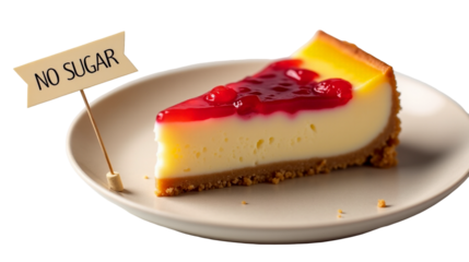 Sugar free fruit cheesecake slice on a plate with a clear indication of no sugar present