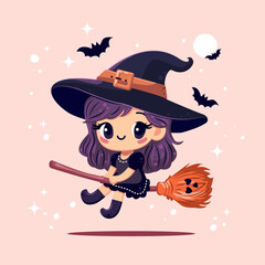  cute little witch flying on the broom against the pink background with stars. vector illustration