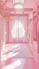 A serene, pastel pink walk-in closet with soft lighting and neatly arranged clothes.