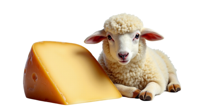 East Friesian dairy sheep with creamy wool next to aged sheep cheese slice in a rustic setting