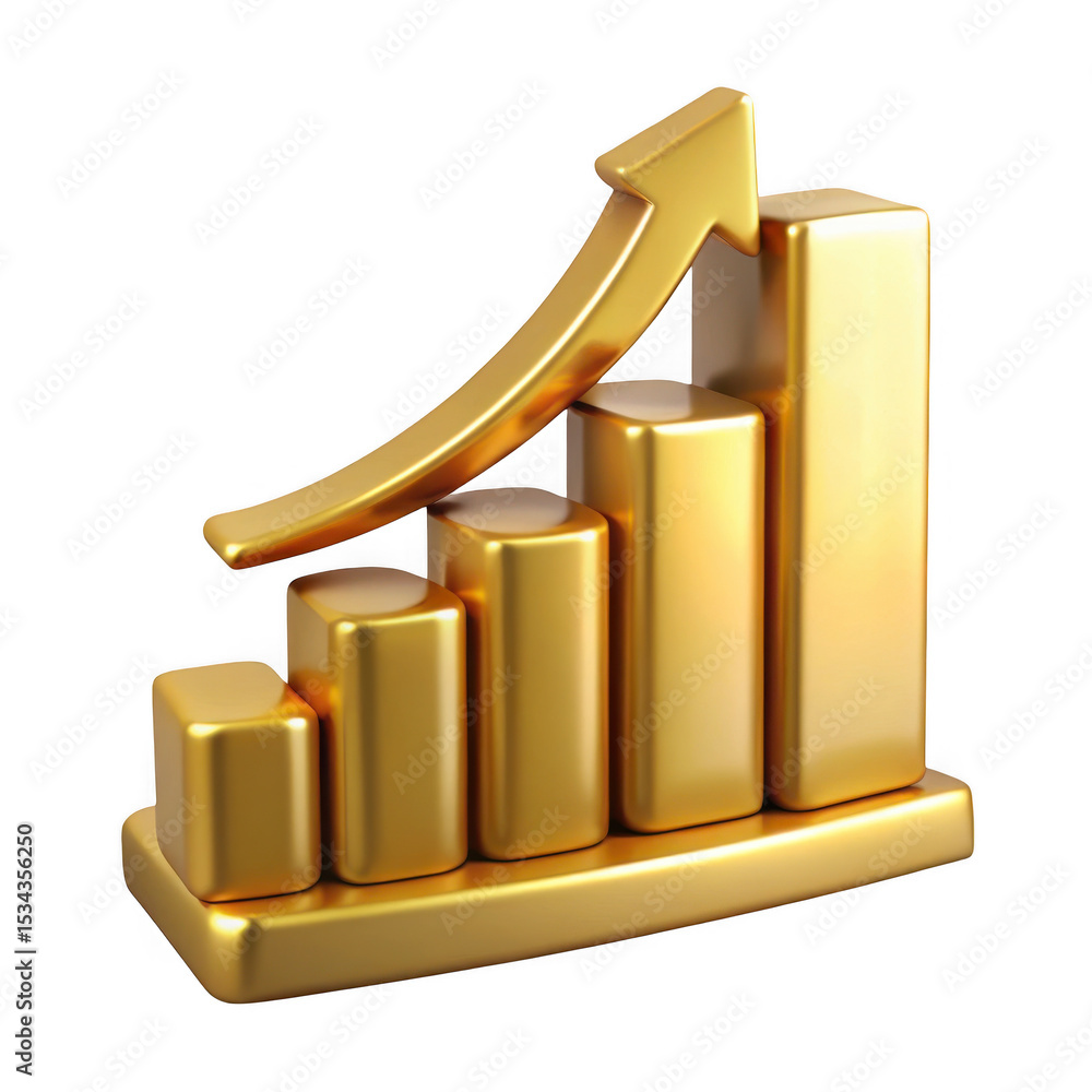 Poster golden 3d bar graph with upward arrow isolated on transparent background