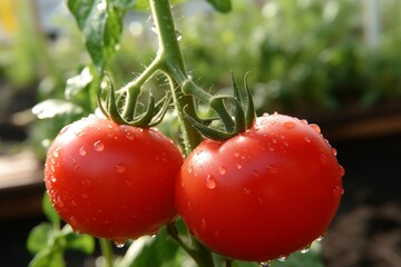 Two fresh red tomatoes on the plant with water droplets on them.