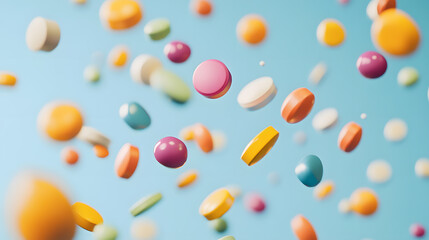 Colorful pills and capsules floating against a light blue background