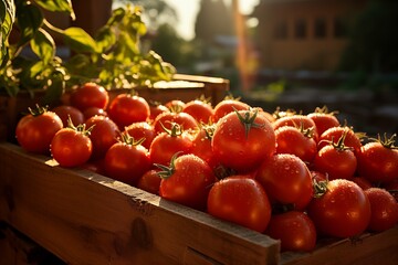 Freshly harvested tomatoes in wooden crates