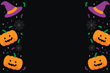 black background for halloween with pumpkins, cobwebs, and witch hats