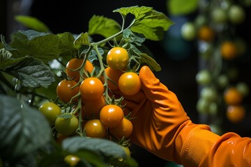 Fresh tomatoes on the tree are being picked or picked by the hands of farmers.