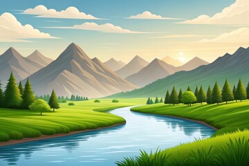 Serene river valley digital illustration in bold flat vector style