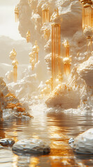 Golden Crystal Formation Reflecting in Serene Water