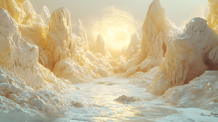 Illuminated Ice Canyon: A Glowing Path Through Frozen Peaks