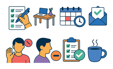 Productivity and task management icons set – flat, organization and efficiency symbols