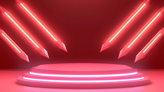 A futuristic stage with glowing red neon lights and a circular podium, set against a dark background. - Powered by Adobe