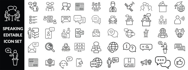 Speaking line editable icon set. Speaking icon set. Communication related icons: speech, talk, discussion, speech bubble, team, meeting, people, business and more