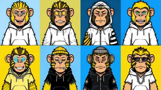 Cartoon monkeys in various hoodies showcasing different styles and expressions  