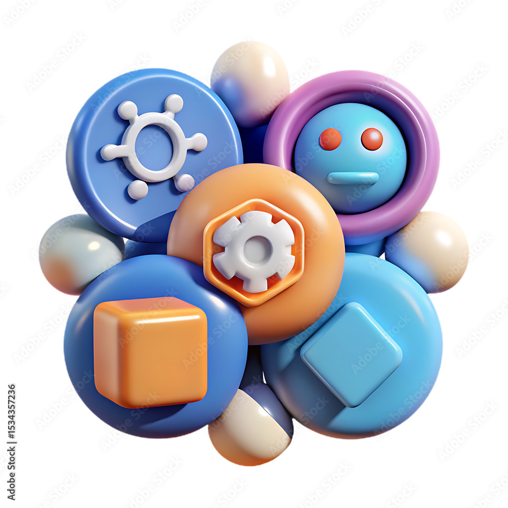 Poster abstract 3d render of colorful geometric shapes and icons in modern illustration style