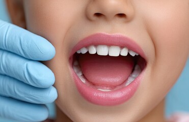Close-up of a child's mouth with dental tools for a checkup and cleaning in a clinic, against a blue background