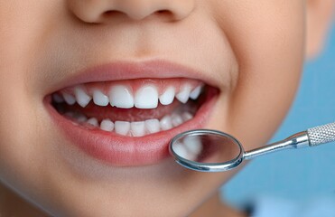 Close-up of a child with an open mouth, with a dentist performing a checkup on their teeth