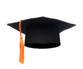 Graduation hat with orange tassel on transparent background png