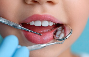 Close-up of a child with an open mouth, with a dentist performing a checkup on their teeth
