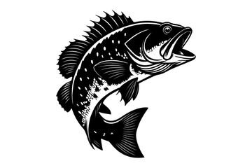 Black and white fish illustration on white background in vector aquatic style