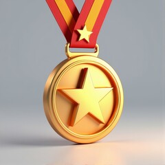 A gleaming golden 3D medal adorned with a vibrant red ribbon and a majestic star stood proudly signifying victory and accomplishment in the realm of sports and achievements
