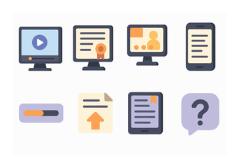 Online learning and baby essentials icons set – flat, educational and childcare symbols