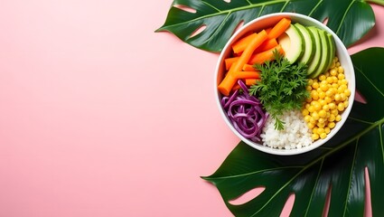 Top View of Colorful Healthy Buddha Bowl with Fresh Vegetables on Pink Background