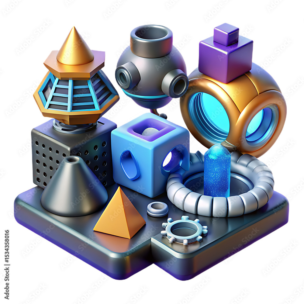 Fototapete abstract composition of geometric shapes with metallic and colorful elements for modern design