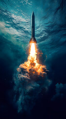 Rocket Launching from Underwater with Fiery Exhaust