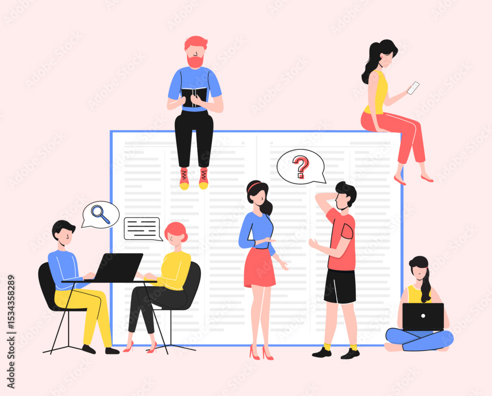 Aufkleber cartoon color characters people and read everywhere concept flat design style and line elements. vec