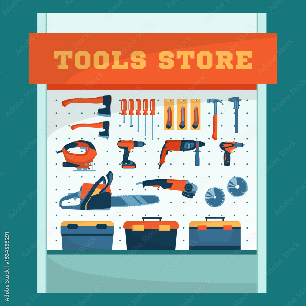 Poster cartoon color showcase with axes of tool store assortment of instrument and tools concept flat desig