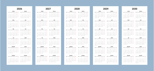 Vector calendar set 2026-2030 editable and printable.