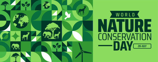 World Nature Conservation Day background or banner design with Green Geometric Mosaic with Earth, Trees, Animals, and Wind Turbine for Environmental Awareness.
