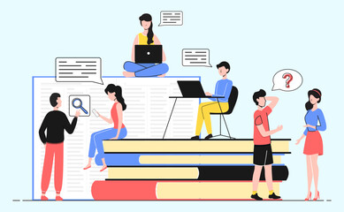 Cartoon Color Characters People with Speech Bubbles on a Books Online Research Concept Flat Design Style and Line Elements. Vector illustration