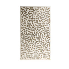 Elegant architectural detail: a patterned screen with intricate cutouts and a neutral background. The screen's design creates a play of light and shadow.