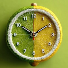 Imagen conceptual dual, medio limón o lima, en forma de reloj de pared  de fieltro, o croneómetro, con agujas, primer plano, sobre fondo verde chillón, salud, vida, tiempo