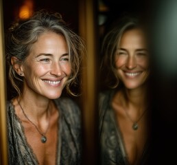 Mujer madura, media edad, 40s 50s, tranquila sonriente reflejo en un espejo, actitud, gesto, pose, emociones, felicidad, cuidado, salud, mente cuerpo, belleza, disfrutando