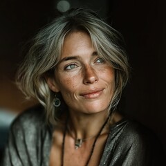 Mujer madura, media edad, 50s 60s, tranquila segura, sonriente, mirada soñadora, mirando a lo lejos, gesto, pose, emociones, seguridad, cuidado, salud, mente cuerpo, belleza, estabilidad, finanzas