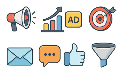 Digital marketing icons set – flat, online advertising and social media symbols