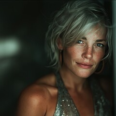 Mujer joven, media edad, 30s 40s, pelo corto, vestida fiesta, bronceada, tranquila segura, sonriente, mirada seductora, mirando de frente, apoyando la cabeza a la pared, emociones