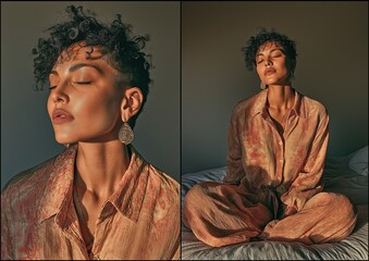 Imagen dual, mujer morena posando con los ojos cerrados sentada en una cama, vista lejos y cerca, conjunto color tierra rojizo, pijama, meditación, nostalgia, salud belleza, bendición