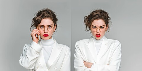 Imagen dividida dos, con la misma persona, dos estados emocionales diferentes, tranquilidad, enfado, calma, furia, mujer negra cabello corto rizado, traje gris, medio, frontal, fondo gris claro, móvil