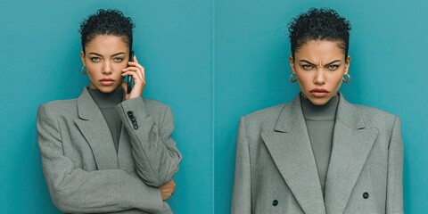 Imagen dividida dos, con la misma persona, dos estados emocionales diferentes, tranquilidad, enfado, calma, furia, mujer cabello corto, traje verde oliva, medio, de frente, fondo azul turquesa, móvil