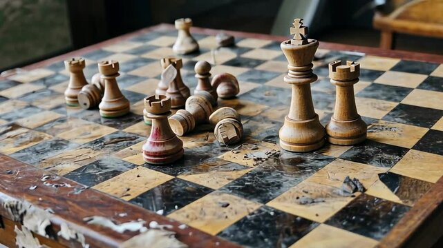 Aged wooden chess pieces on a weathered chessboard