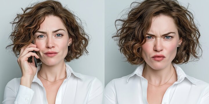 Imagen dividida dos, con la misma persona, dos estados emocionales diferentes, tranquilidad, enfado, calma, furia, mujer cabello medio rizado, camisa blanca, zoom, de frente, fondo gris claro, m&oacute;vil
