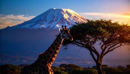 Close-up of a giraffe grazing near a solitary acacia tree.