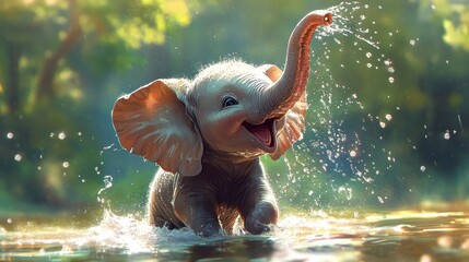 Joyful baby elephant playfully splashing water, sunny jungle background.