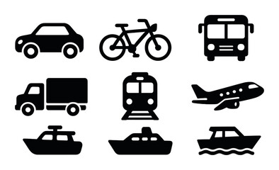 Transport silhouette icons set – simple and vehicle symbols for travel design