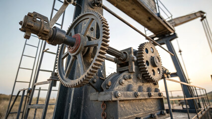 Closeup of oil pump jack mechanism with detailed metal gears, industrial machinery, and weathered surfaces in outdoor oil field setting at sunset