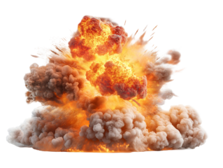 A powerful explosion erupts with flames and smoke